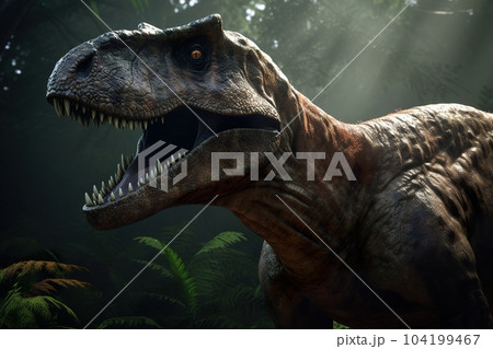 T-Rex Dinosaur, Tyrannosaurus Rex reptile running, prehistoric Jurassic  animal in deserted nature environment, 3D illustration Stock Illustration