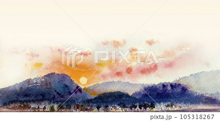 空 山並み 水彩画 山のイラスト素材 - PIXTA