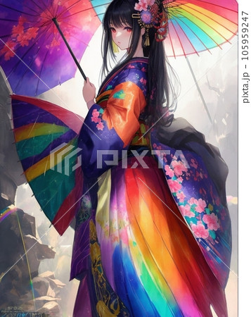 虹のような着物を着た少女