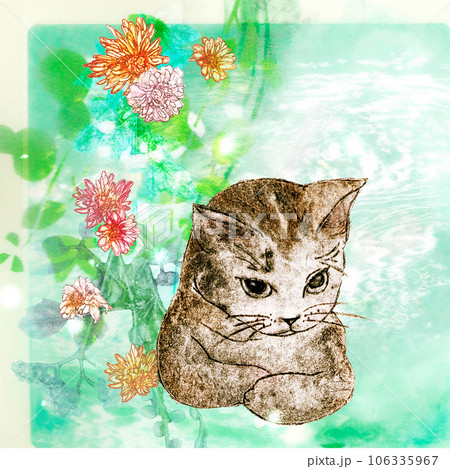 フラワーキャット　カラフルな猫と花の手描きイラスト 絵画 オイル ペイント アート フェアレディ キャット（S