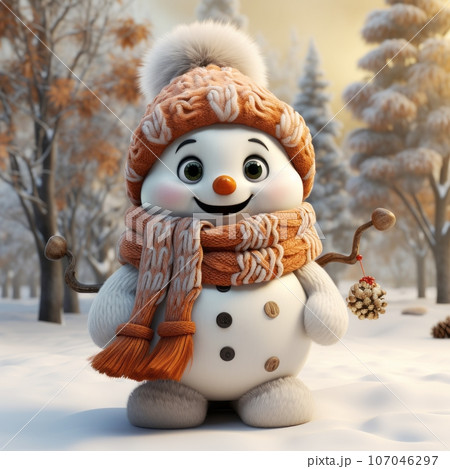 cute snowman, wearing a knitted scarf and hatの写真素材 [107046297