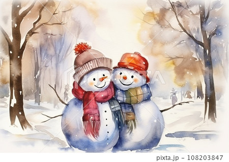 momorin冬の風景 水彩画 雪だるまと小鳥　値段は※900円です 雪だるま 水彩 雪 水彩画のイラスト素材 - PIXTA