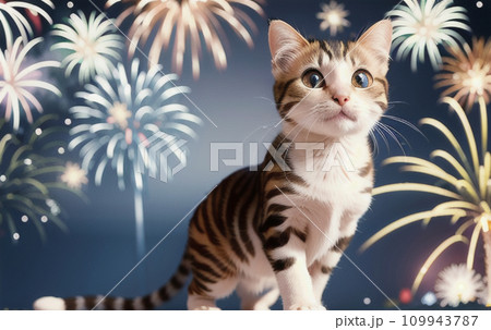 「 花火じゃらし 」B5大きめ 花火 盆おどり 猫イラスト 色鉛筆画 花火と猫 - ibisPaint