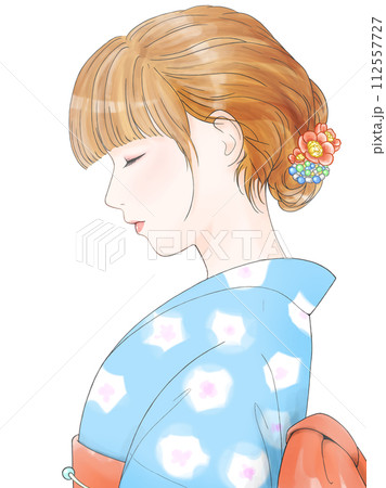 女性 着物 横顔 青のイラスト素材 - PIXTA