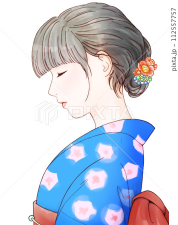女性 着物 横顔 青のイラスト素材 - PIXTA