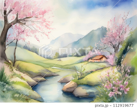 小川 桜 風景画 水彩画の写真素材 - PIXTA