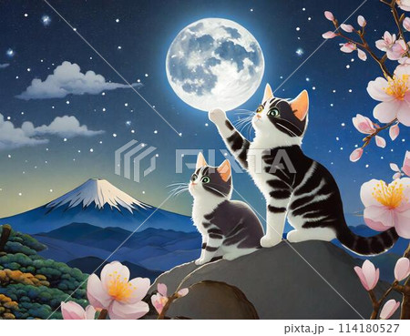 桜 春 猫 夜のイラスト素材 - PIXTA