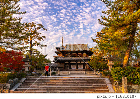 ◇s.koide 油彩画 夕焼けの法隆寺