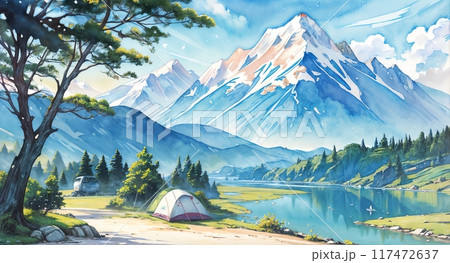 山の風景 水彩画　美馬牛 富士山の絵画 水彩画 横尾武之 作「朝霧高原の富士」 ヨーロッパ