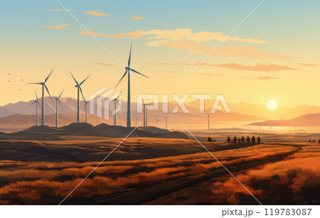 風車 風力発電 夕焼け 夕暮れのイラスト素材 - PIXTA