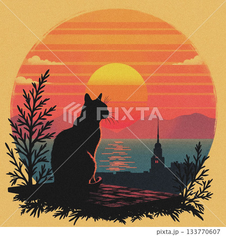 猫 夕焼け シルエット ねこの写真素材 - PIXTA