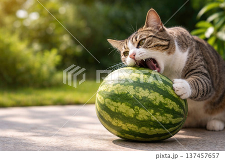 スイカ ネコ ねこ 猫の写真素材 - PIXTA